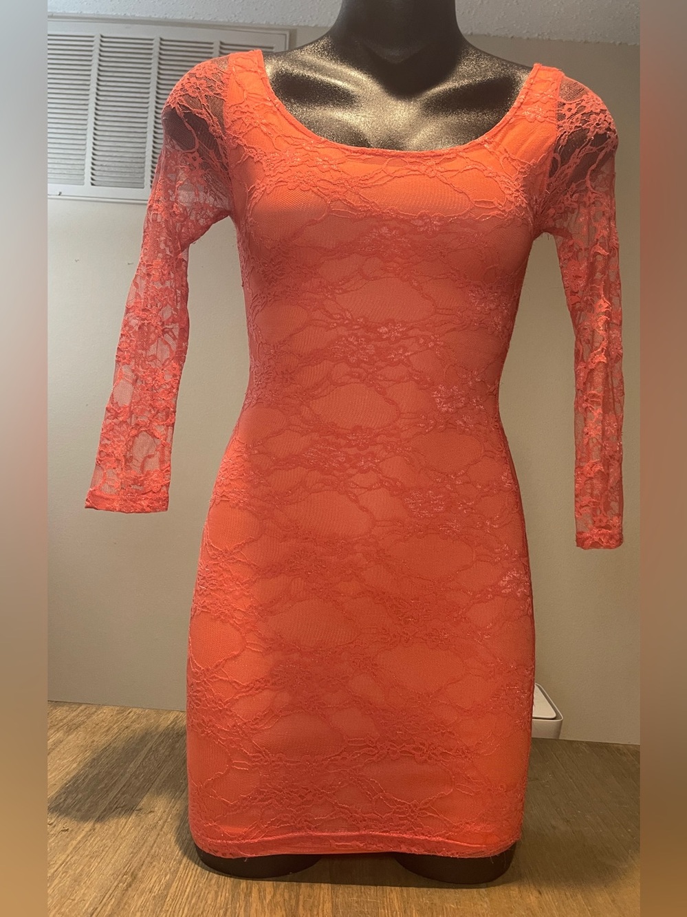 Charlotte Russe Coral Lace Long Sleeve Bodycon Dress, Size Sm